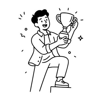 Hand Drawn Businessman Holding Trophy Sitting on Podium Success Line Art Illustration for Designs