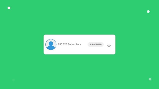 Social media engagement interface banner with profile icon subscriber count and notification bell button on green chroma key background