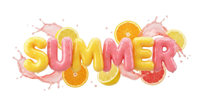 Summer text design with 3d glossy letters, fresh citrus fruit slices and splashing juice isolated on transparent background