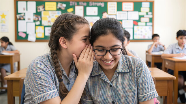 Middle school girls whispering and sharing secrets during class in classroom. Students gossiping and laughing while sitting at desks in school.