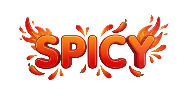 Spicy text logo with chili peppers and flames isolated on transparent background