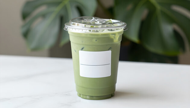 Iced Matcha Cup Mockup on White Marble Countertop: Beverage Display