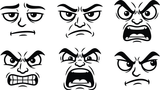 Six angry cartoon faces vector line art set for icons and emotes pack creative