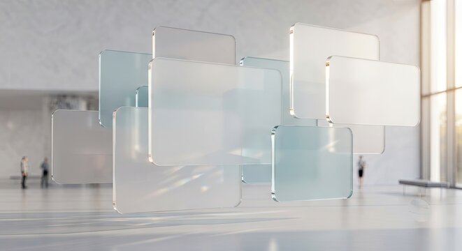 Transparent frosted glass panels floating in modern kitchen
