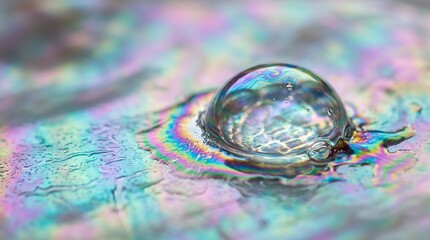 Fototapeta premium Macro view of a single oil droplet on a shimmering iridescent surface with multi colored iridescent colorful refraction reflection