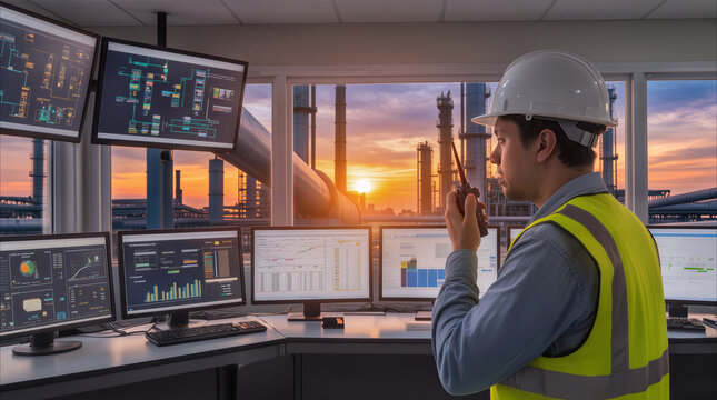 Industrial engineer using walkie-talkie in control room at sunset. Monitoring manufacturing plant operations on multiple digital screens.