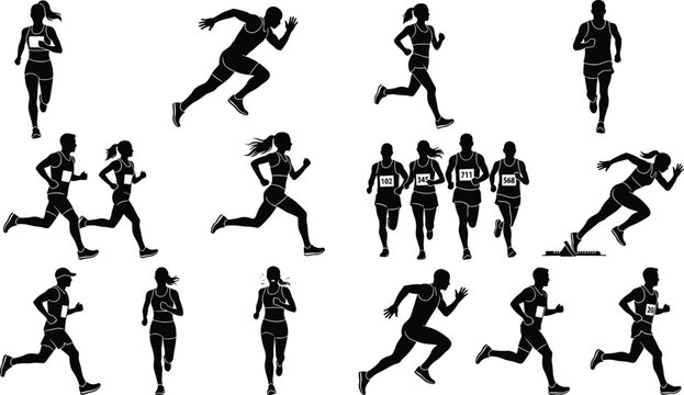 Marathon runner silhouette vector set featuring men and women running, sprinting, and jogging