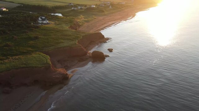 Red sandstone cliffs and coastal rocks at Thunder Cove, aerial view, Prince Edward Island, Canada