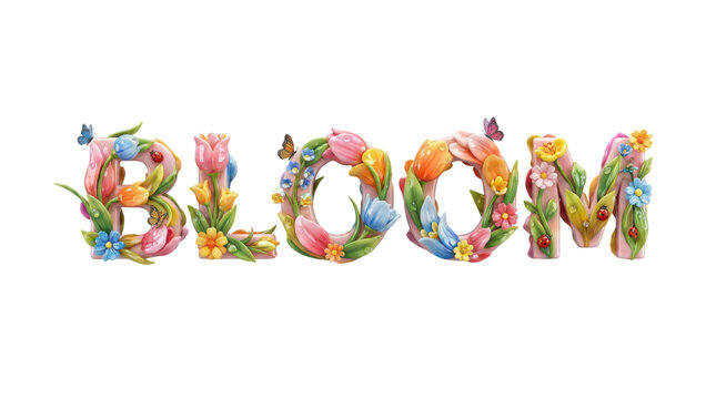 The word bloom formed by colorful spring flowers and butterflies isolated on transparent background