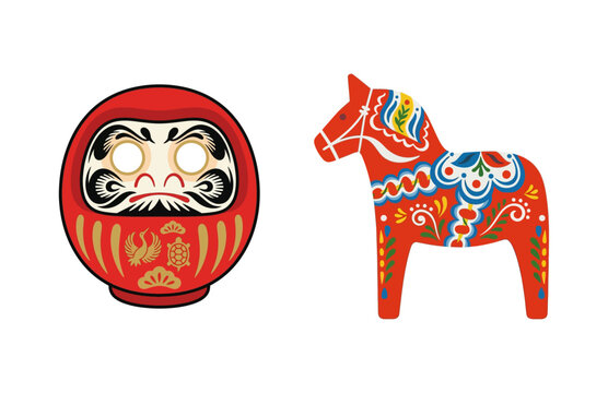 Traditional Japanese Daruma doll and Swedish Dala horse cultural symbols vector illustration