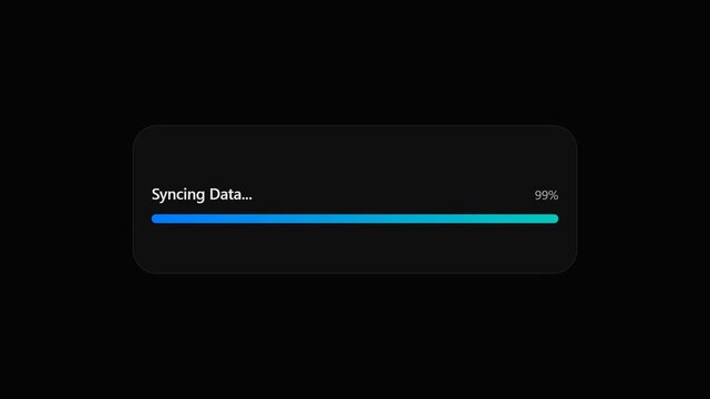 Digital Progress Bar Animation Displaying Data Syncing Status with Percentage Indicator on Dark Background