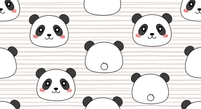 Cute panda face and tail seamless pattern on stripes.