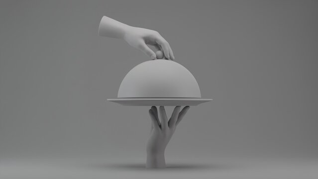 Gray 3d render of hands holding a serving cloche on a plate