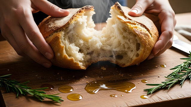 Hands breaking fresh, hot, crusty bread loaf with steam rising, rosemary, and olive oil.