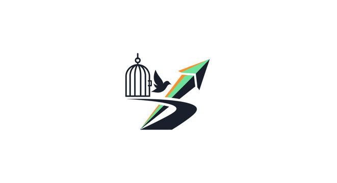 A bird flying from a cage towards an upward pointing arrow symbol