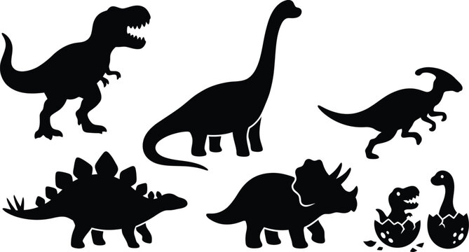 Set of black silhouettes of various dinosaurs including tyrannosaurus brachiosaurus stegosaurus and triceratops isolated on white background