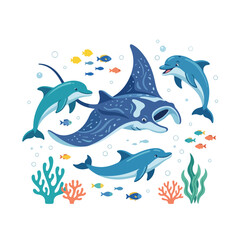 Naklejka premium Vibrant cartoon illustration of a majestic manta ray swimming with playful dolphins and colorful fish in an ocean coral