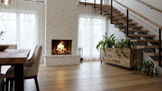Modern open plan living room with fireplace and staircase.