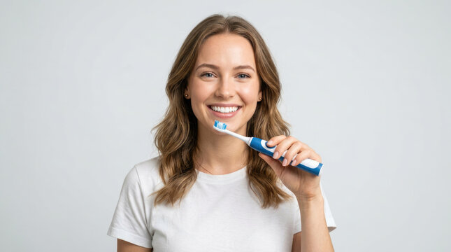 Smiling Young Woman Brushing Teeth with Electric Toothbrush Dental Hygiene Concept