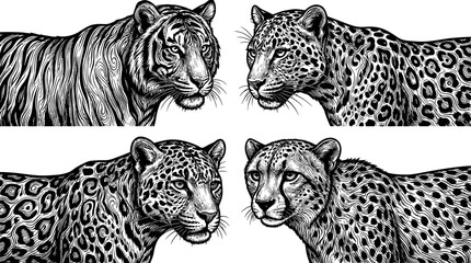 Big cats including a tiger and a leopard are depicted in this sophisticated series of monochrome illustrations showcasing powerful wild feline predators. © ALI MART