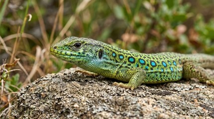 Fototapeta premium Green Spotted Lizard Resting on Rock in Natural Habitat Close Up