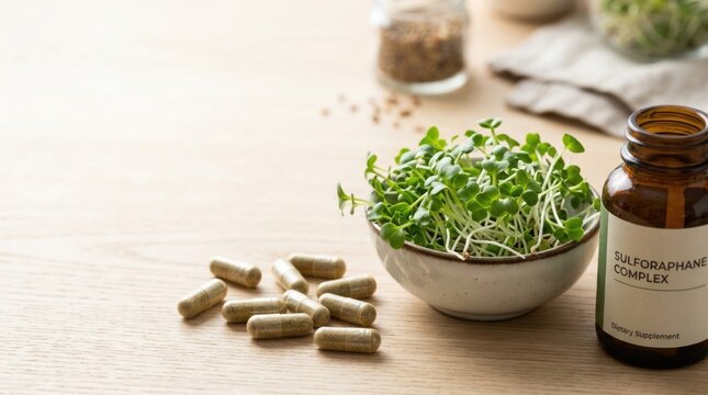Broccoli Sprouts and Sulforaphane Capsules on Wooden Table Healthy Nutrition Concept