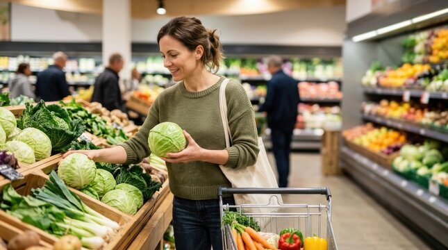 Woman Choosing Fresh Organic Cabbage in Supermarket Grocery Store Produce Section