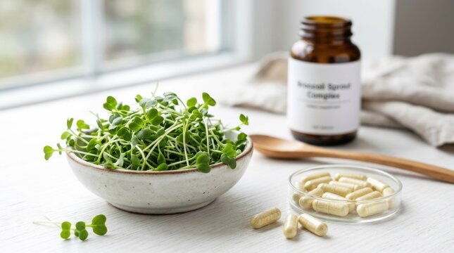 Fresh Broccoli Sprouts with Dietary Supplement Capsules on Bright Natural Table