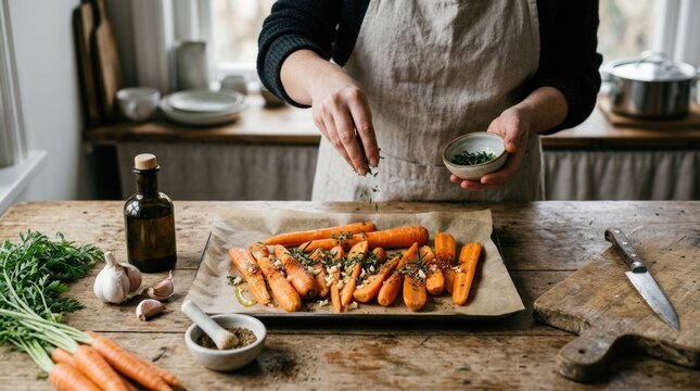 Seasoning Fresh Carrots with Herbs Before Roasting in Rustic Home Kitchen