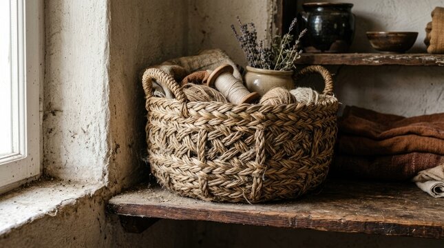 Rustic Woven Storage Basket with Natural Textiles in Cozy Farmhouse Interior