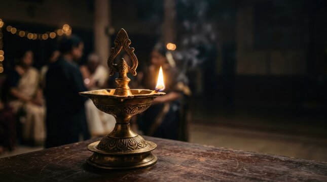 Traditional Brass Oil Lamp with Burning Flame During Cultural Ceremony