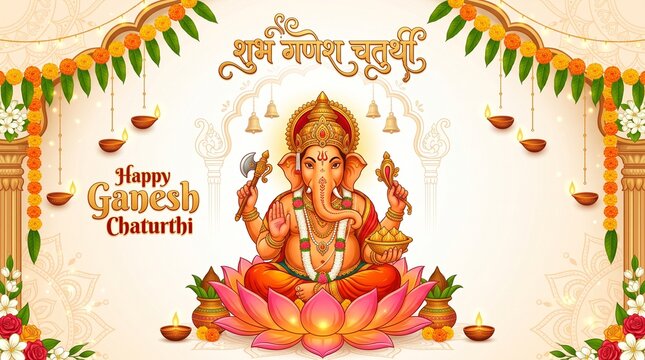 Ganesh Chaturthi Greeting Card with Lord Ganesha and Floral Toran
