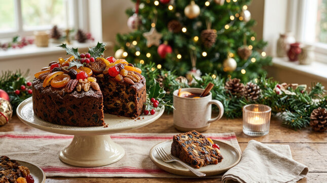 Traditional Christmas Fruitcake Decorated with Dried Fruits and Nuts on Festive Holiday Table