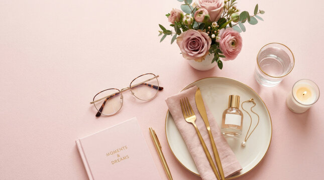 Elegant Feminine Flat Lay with Flowers Perfume Glasses and Notebook on Pink Background