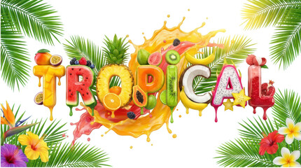 Obraz premium Tropical fruit lettering with splashes and exotic flowers isolated on transparent background