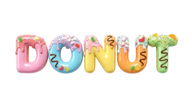 3d rendering of the word donut designed with colorful glazed donut letters with sprinkles, marshmallows, and gummy candies isolated on transparent background