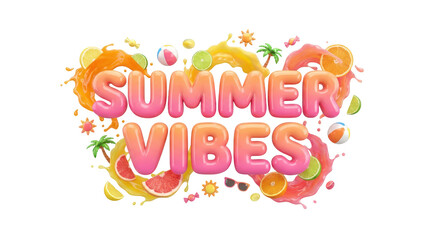 Obraz premium Summer vibes 3d typography with tropical fruits and splashes isolated on transparent background