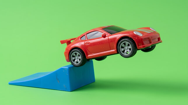 Red toy car performing a stunt jump off a blue ramp