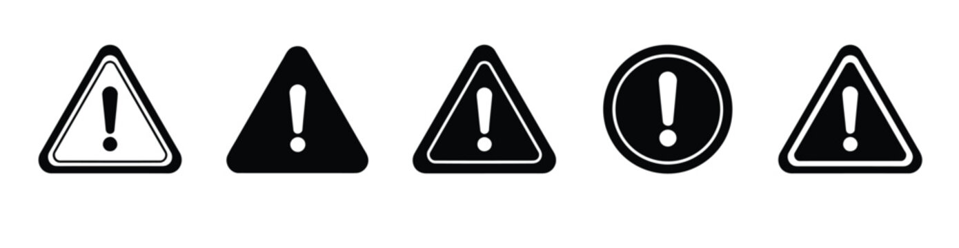 Black warning sign icon set with exclamation mark, triangle and circle alert symbols, flat vector caution and danger icons for error notification and hazard design isolated on plain white backgrounds