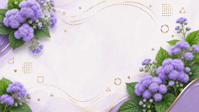 Elegant ageratum flossflower frame background with gold line art for wedding invitation or greeting card
