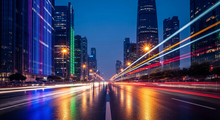 Naklejka premium Modern cityscape at night with light trails from vehicles on a wet road reflecting colorful building lights, symbolizing urban energy and speed