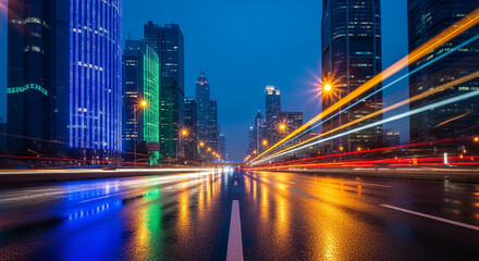 Obraz premium Neon-lit cityscape at night with light trails on a wet road, symbolizing urban energy, speed, and modern development.
