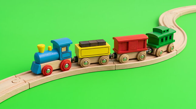 Colorful wooden toy train set on tracks over a green background