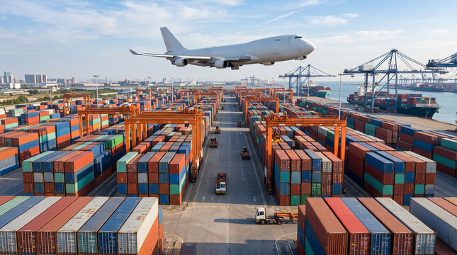Airplane flying above a vast container terminal, representing international shipping, aviation, supply chains, and global commerce.