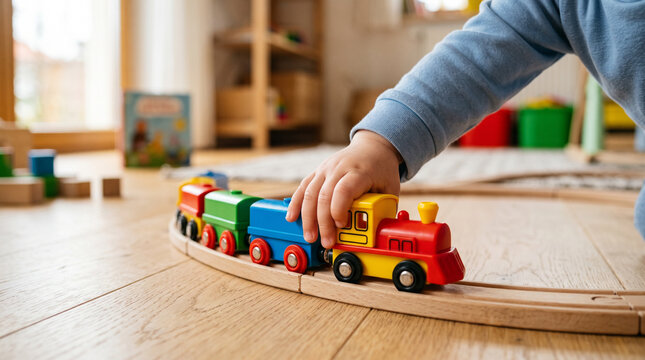 Child pushing a train around curved tracks, representing movement, discovery, hand-eye coordination, and joyful indoor play.