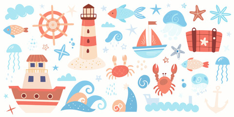 Nautical Illustration Set With Lighthouse Ships And Marine Life © Bijoy