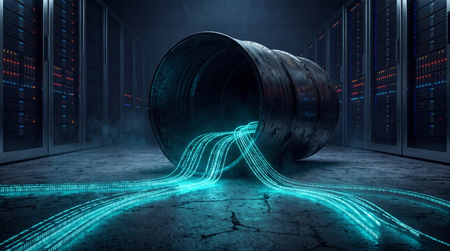 Digital data streaming from a broken pipeline inside a dark server room