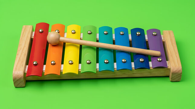 Colorful toy xylophone with wooden mallet on green background