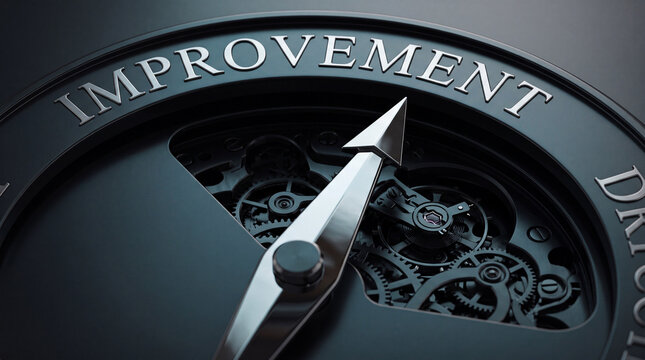 Continuous improvement dial pointing upward over precision mechanical gears
