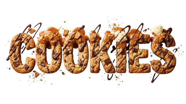 The word cookies spelled out with delicious chocolate chip cookie letters topped with caramel drizzle and cream, isolated on transparent background
